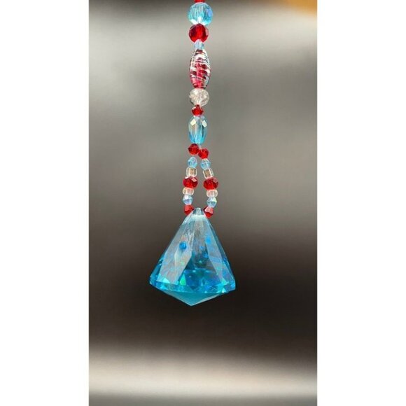 Beaded Suncatcher - Red Turquoise -Triangular Crystal Prism - Hanging Decor - Picture 8 of 16